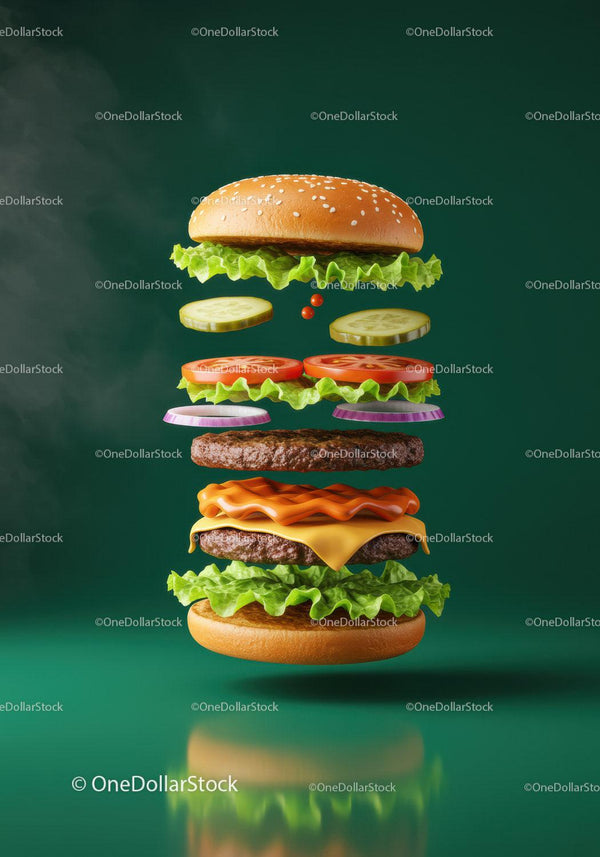 Layered cheeseburger ingredients floating on green background