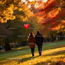 Couple Holding Heart Balloon Walking in Autumn Park