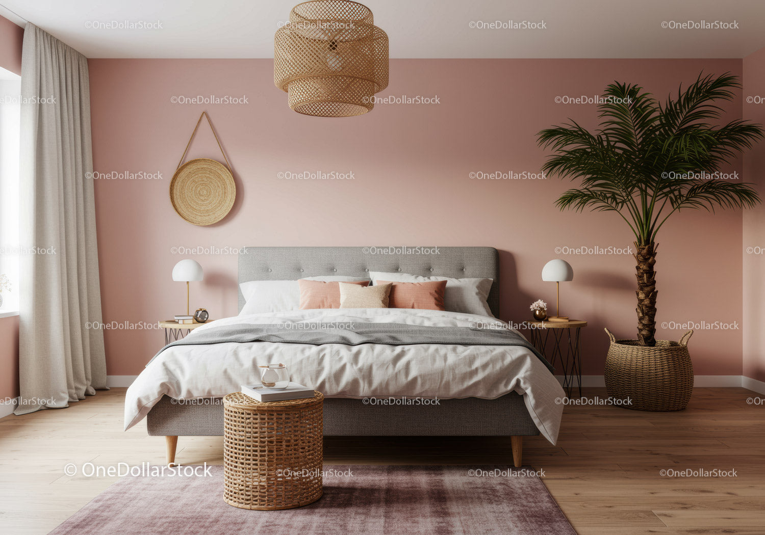 Stylish Modern Bedroom with Pink Walls and Indoor Palm Tree