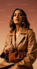 Elegant Woman in Stylish Leather Coat with Urban Background