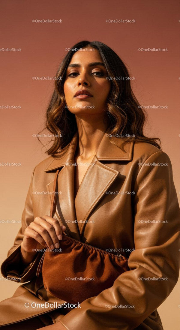Elegant Woman in Stylish Leather Coat with Urban Background
