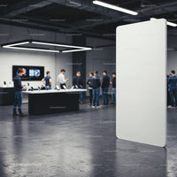 Modern tech store with blank vertical advertising panel