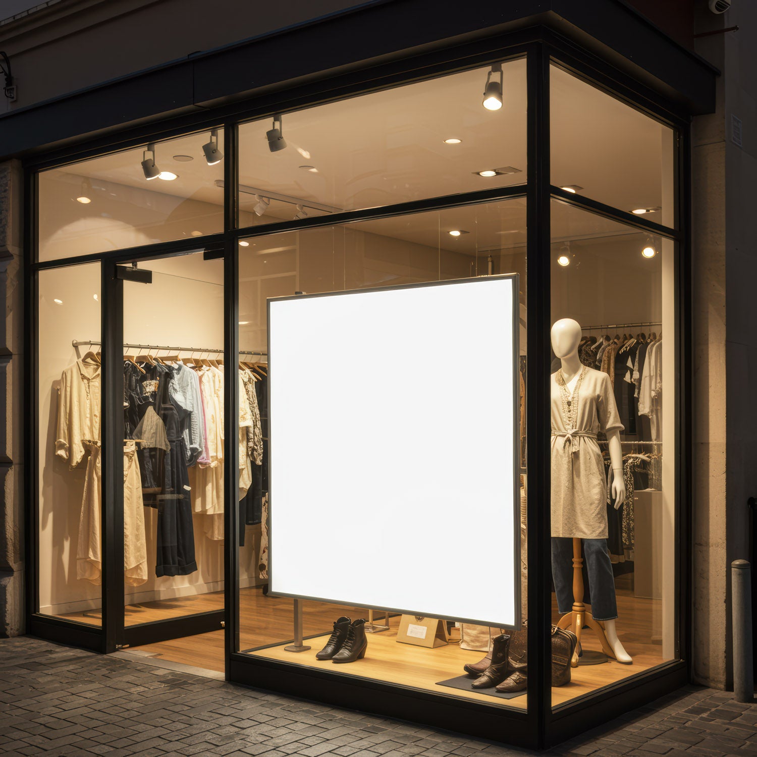 Modern women's clothing boutique with illuminated display