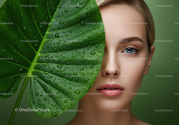 Close-Up of Woman with Blue Eyes Behind Large Green Leaf with Dew Drops