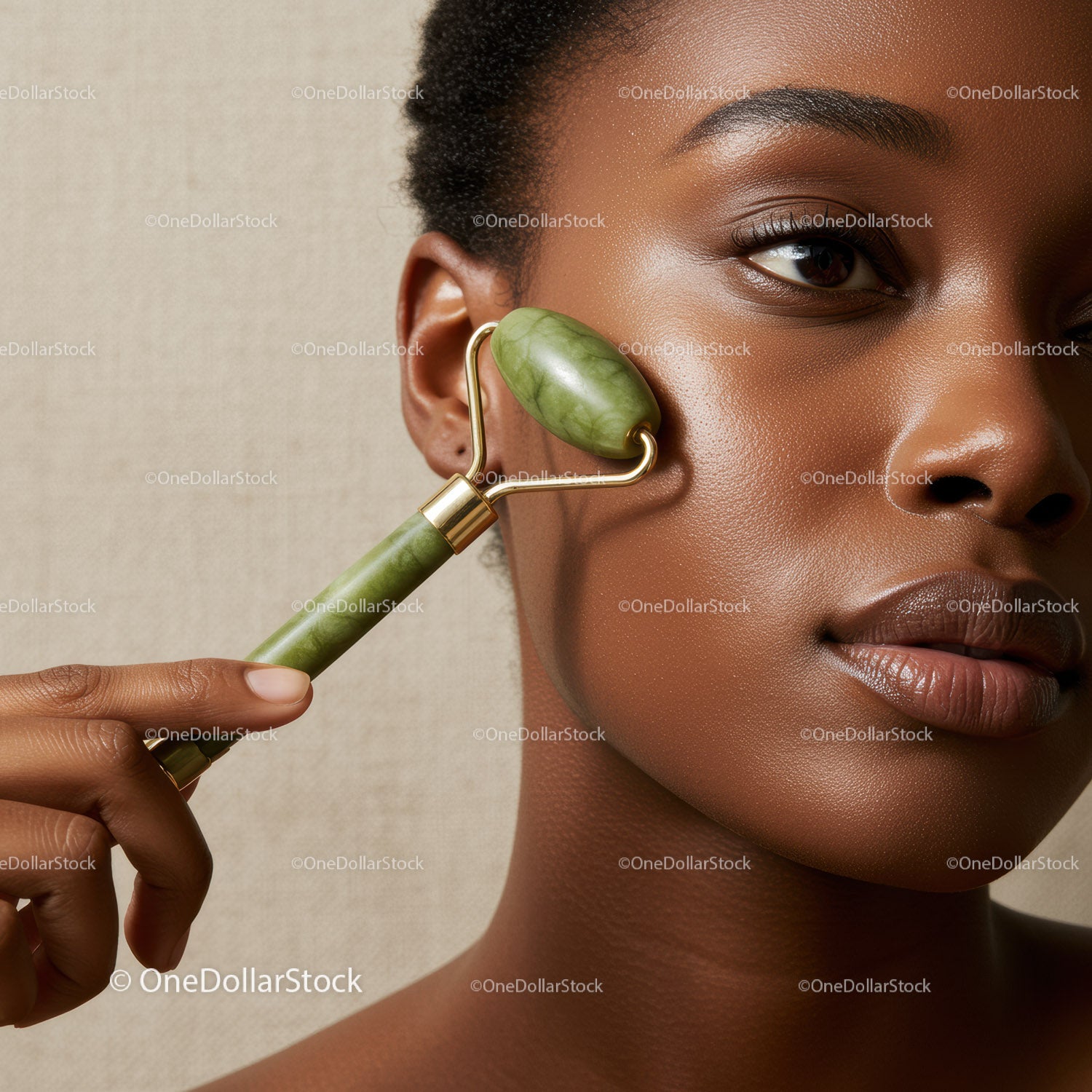 Elegant Woman Receiving Facial Massage with Jade Roller
