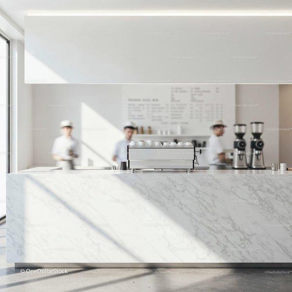 Minimalist coffee bar with modern espresso machine JPG Mockup Image