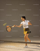 Focused female tennis player hitting a forehand shot