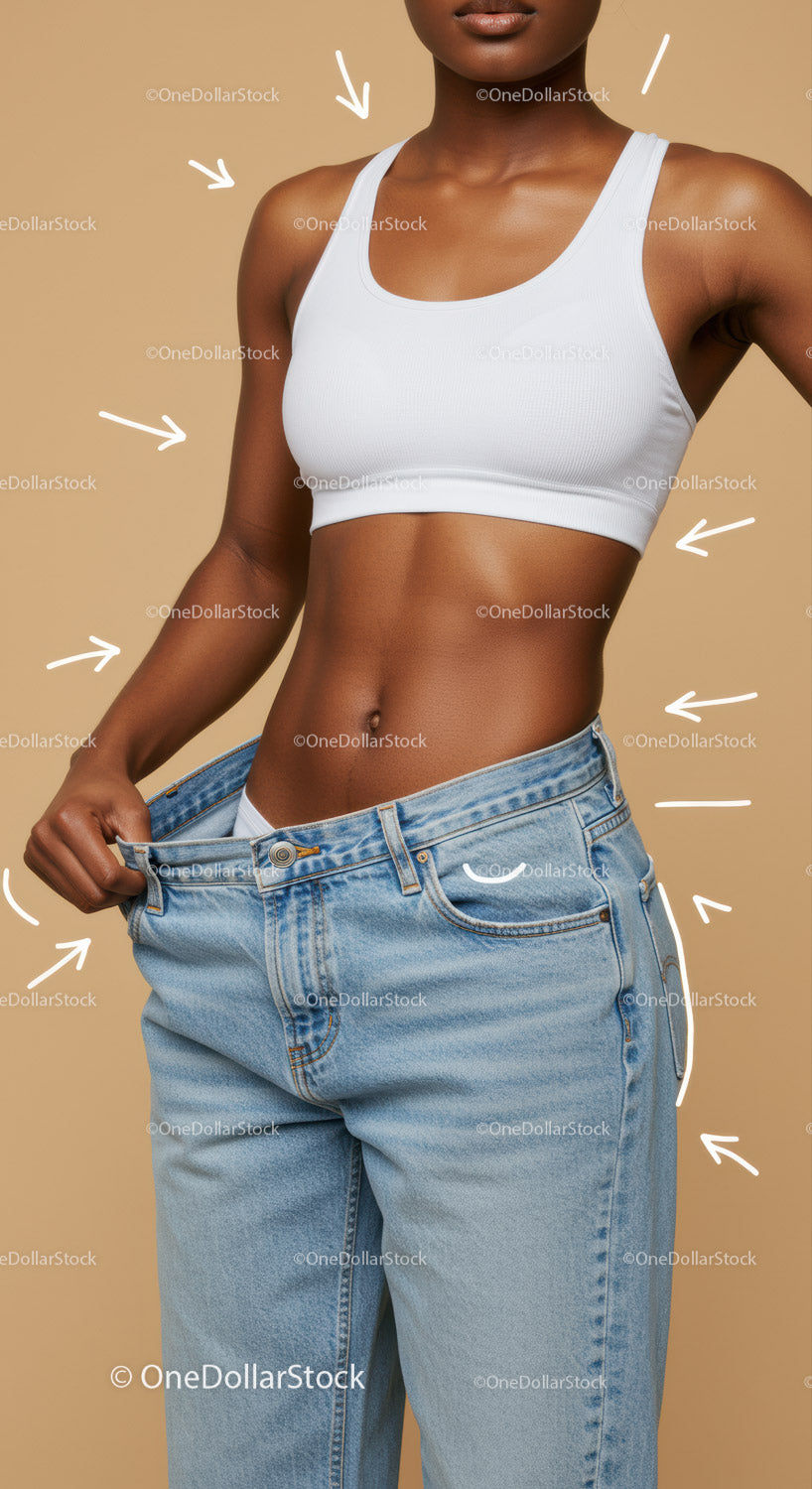 Stylish Woman in White Crop Top and Blue Jeans Against Beige Background