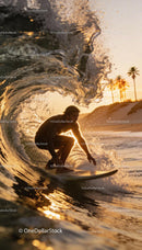 Surfer riding a glowing wave at sunset near palm trees