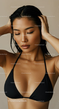 Young Woman with Wet Hair in Black Bikini Showing Serene Beauty