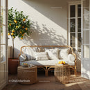 Cozy sunlit seating area with citrus tree and rattan furniture