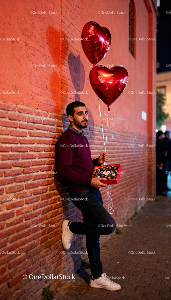 Man holding heart balloons and chocolates on street