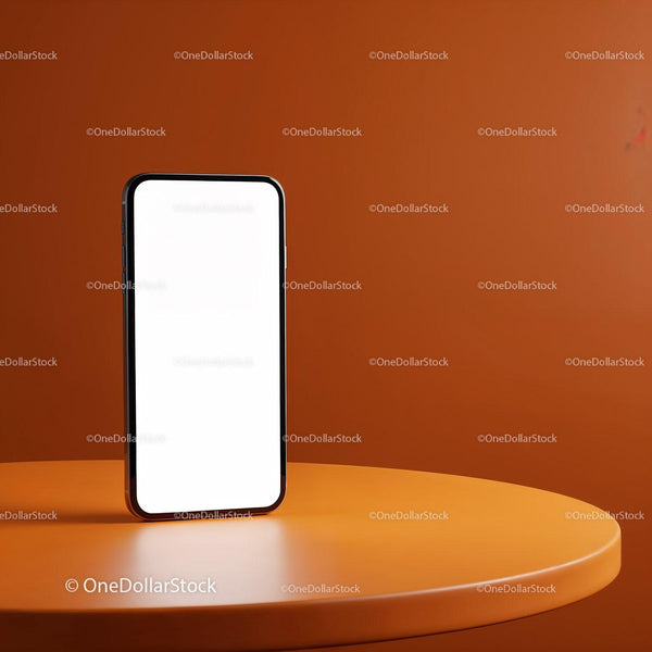 Modern smartphone standing on vibrant orange table JPG Mockup Image