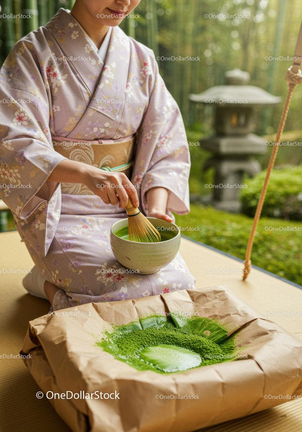 Kobieta Przygotowująca Tradycyjną Herbatę Matcha w Japońskim Ogrodzie