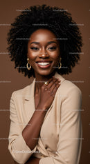 Elegant African American Woman with Curly Hair Smiling in Studio