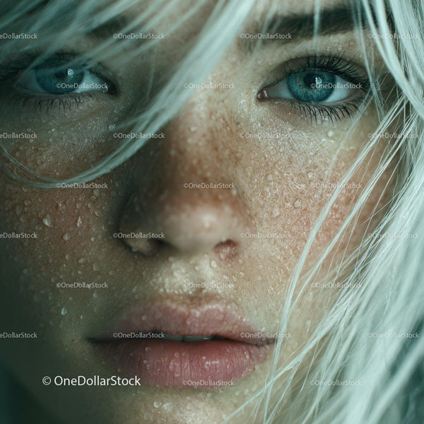 Close-Up of Freckled Woman with Blue Eyes and Water Droplets