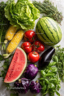 Fresh Watermelon Tomatoes Eggplant Basil Corn and Green Herbs