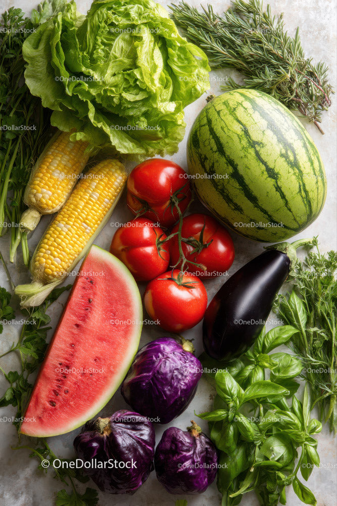 Fresh Watermelon Tomatoes Eggplant Basil Corn and Green Herbs