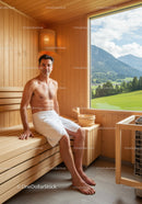 Man Relaxing in Wooden Sauna with Scenic Mountain View