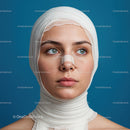 Close-up of a Woman with Head Bandages and Medical Nose Tape
