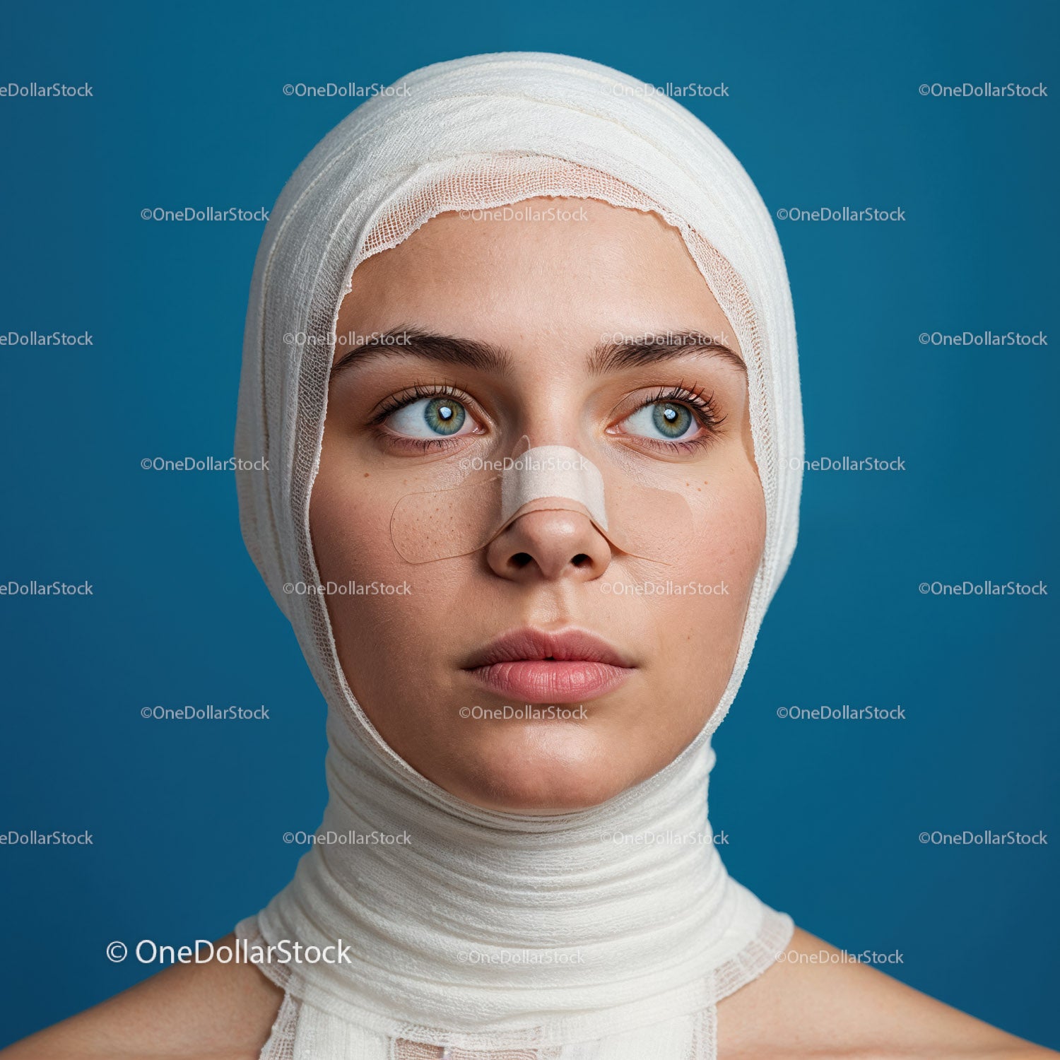 Close-up of a Woman with Head Bandages and Medical Nose Tape