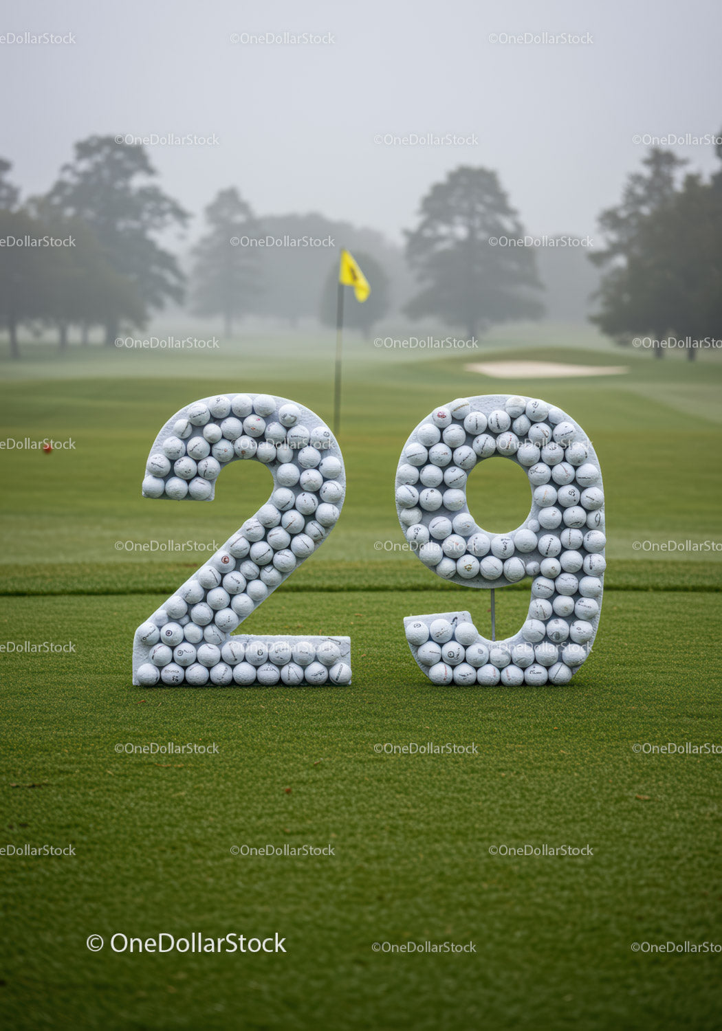Wystawa nr 29 z piłek golfowych na zielonym polu