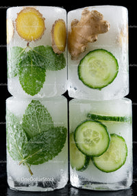 Fresh herbs and vegetables frozen inside ice cubes