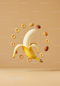 Fresh Half-Peeled Banana with Nuts and Cereal Rings