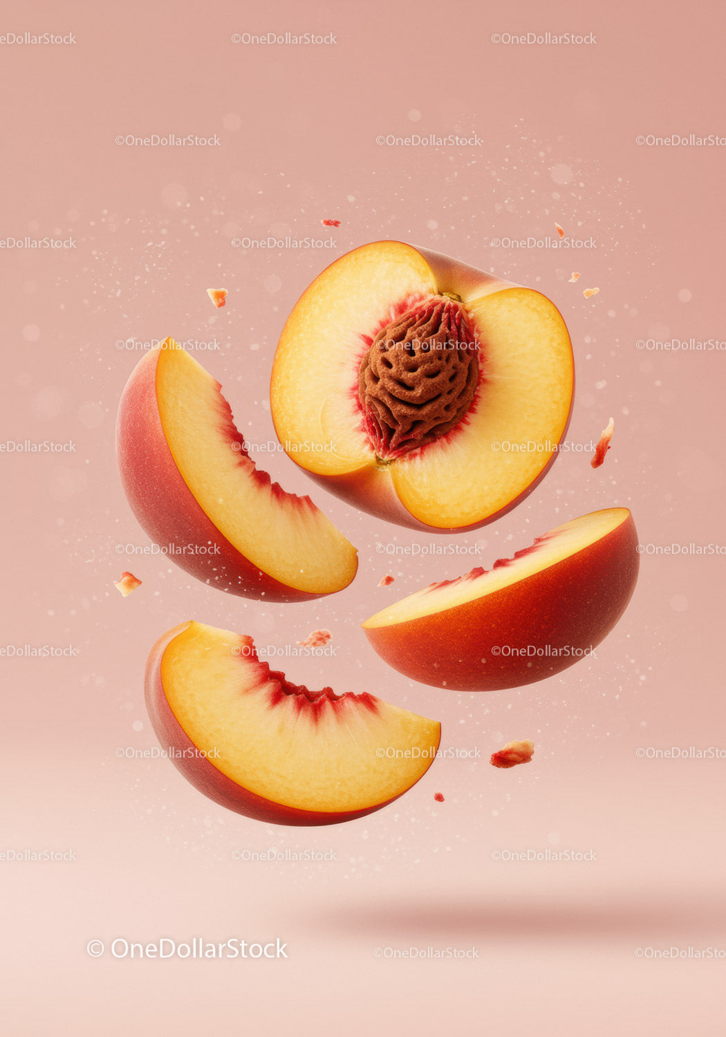 Fresh Peach Slices Floating on Soft Pink Background
