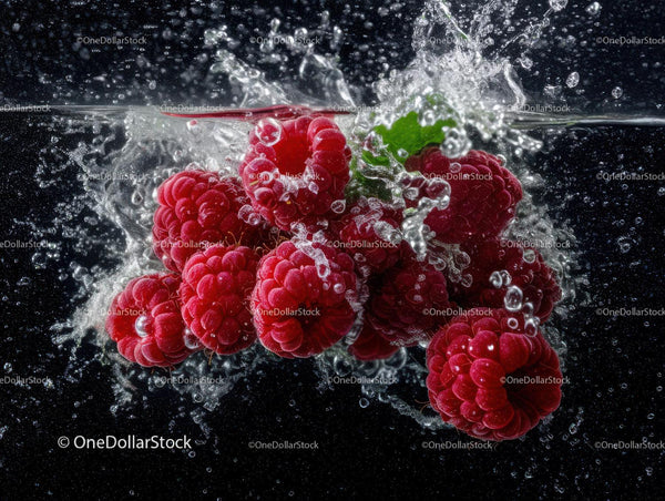 Fresh Raspberries in Water with Splash Effect and Bubble Details
