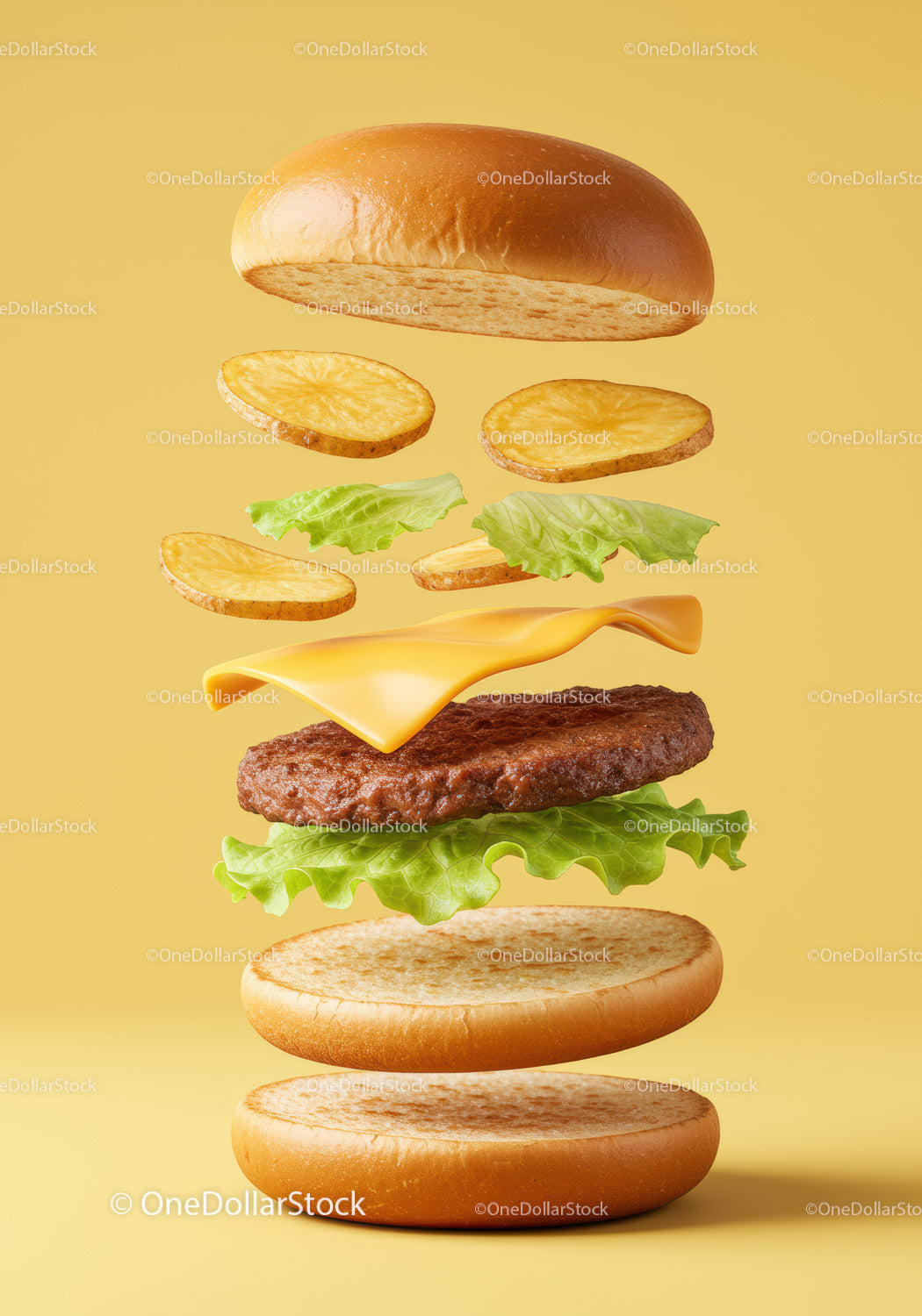 Deconstructed cheeseburger with potato slices and lettuce