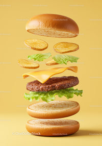 Deconstructed cheeseburger with potato slices and lettuce