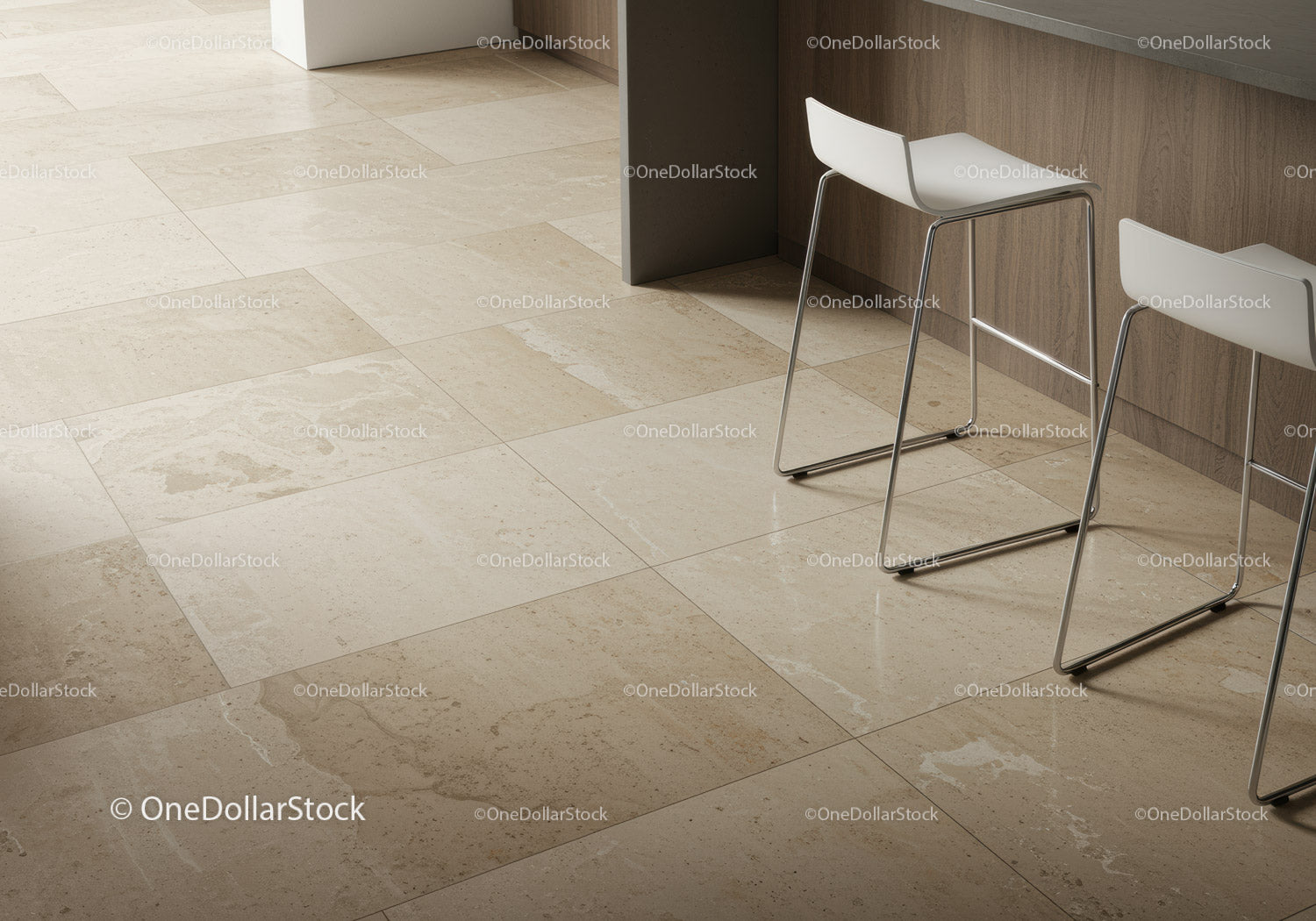 Interior of Modern Minimalist Space with Beige Travertine Floor and White Chairs