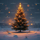 Illuminated Christmas tree glowing warmly in snowy field
