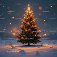 Illuminated Christmas tree glowing warmly in snowy field