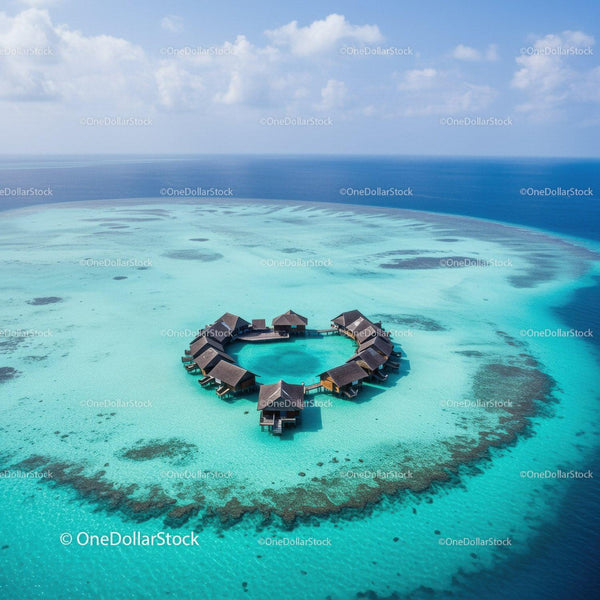 Overwater Bungalows Surrounded by Turquoise Coral Reef in Exotic Island