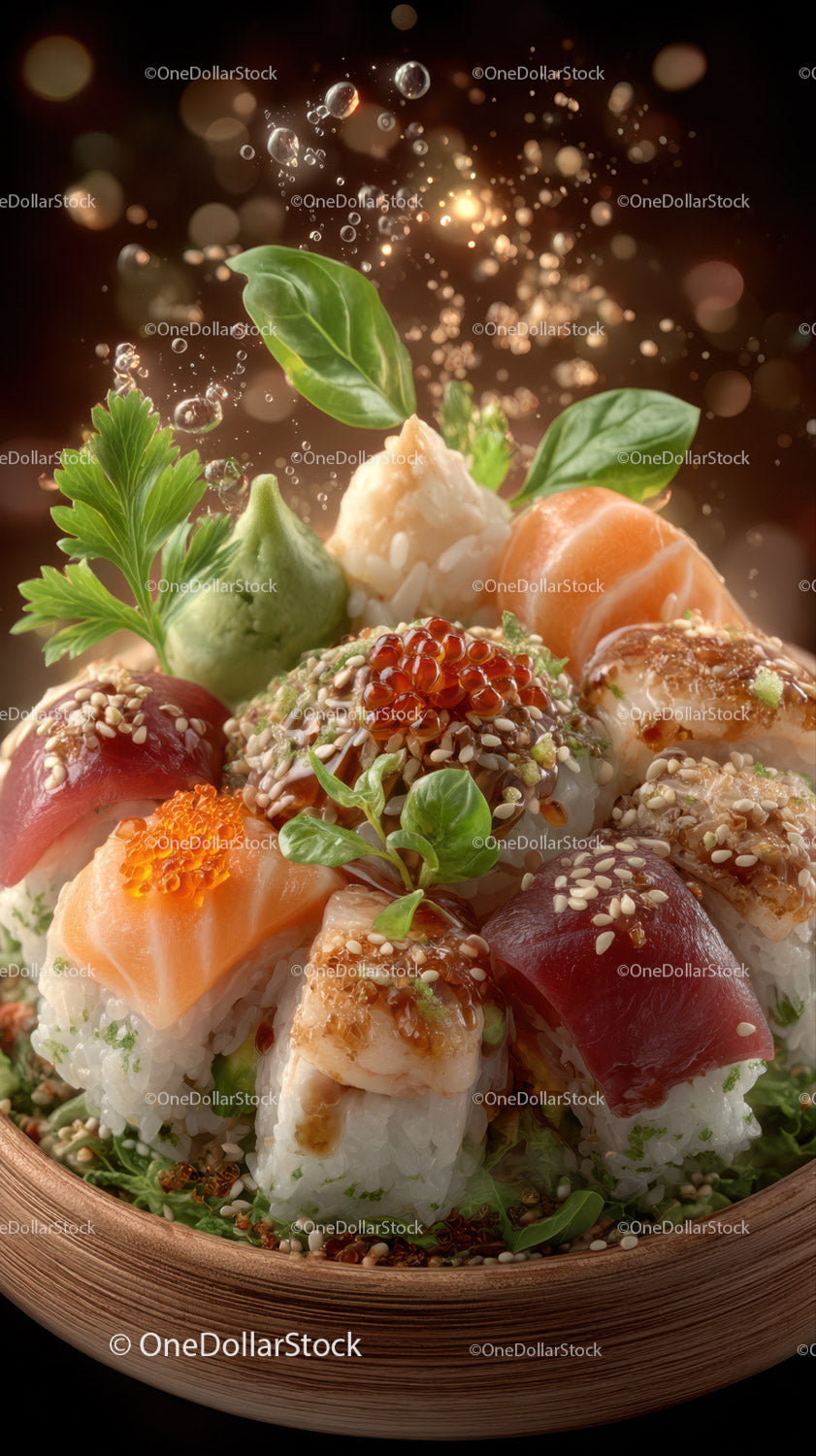 Assorted Sushi Rolls with Salmon Tuna and Fresh Herbs