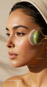 Close-Up of Woman Receiving Facial with Jade Roller for Rejuvenation