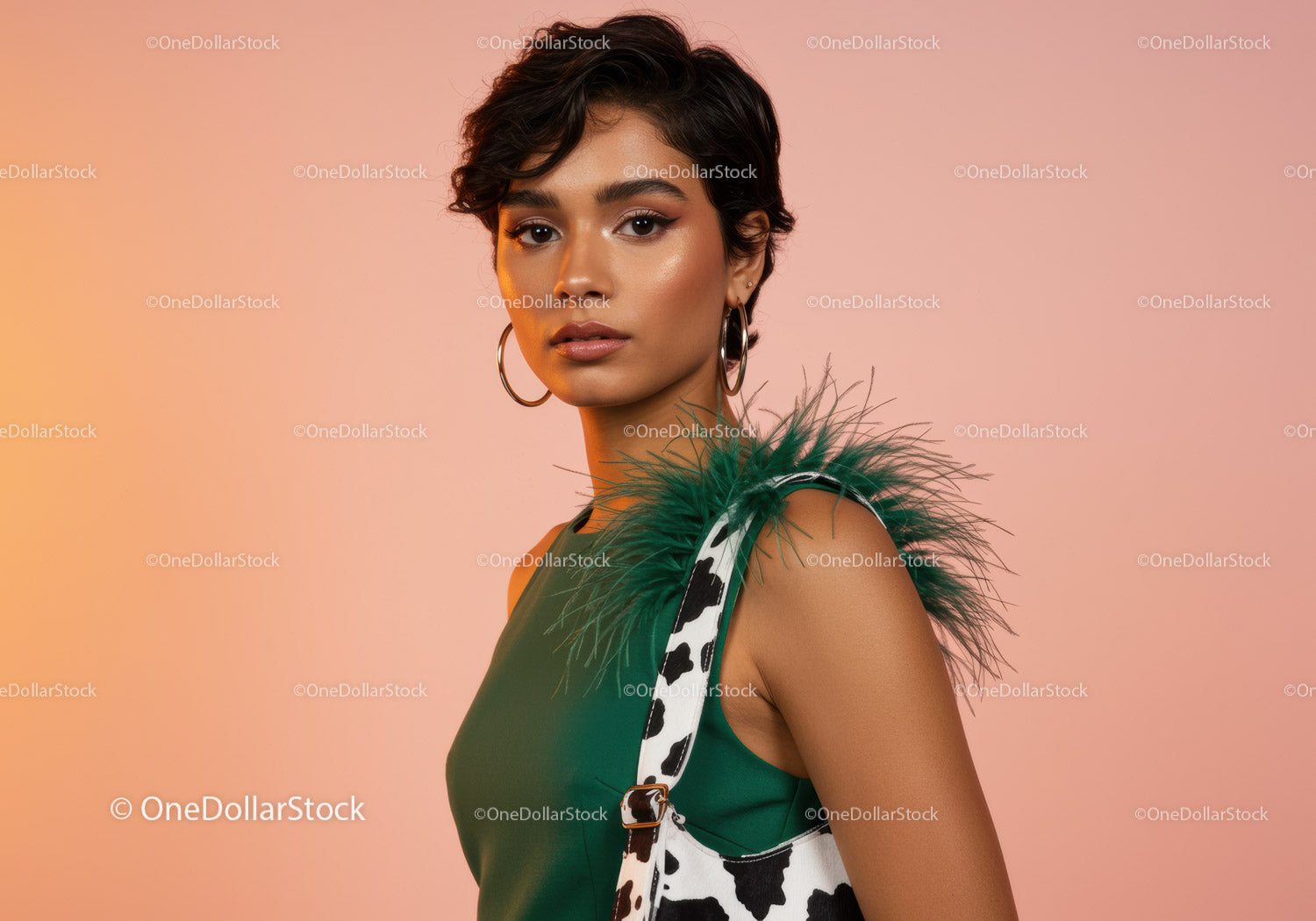 Elegant Woman with Short Curly Hair and Feathery Green Dress