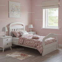Pink and White Bedroom with Heart Pattern Bedding and Cozy Atmosphere