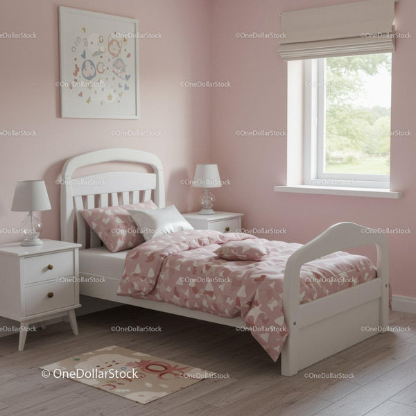 Pink and White Bedroom with Heart Pattern Bedding and Cozy Atmosphere