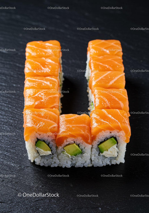 Fresh salmon and avocado sushi rolls on black slate