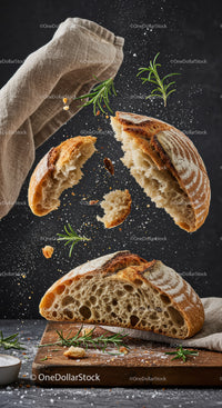 Rustic artisan bread with fresh rosemary and flour dust