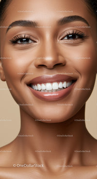 Close up of smiling woman with flawless skin and teeth