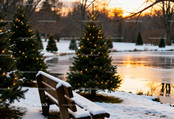 Snowy Park Bench by Lit Christmas Trees at Sunset