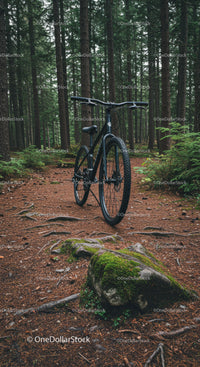 Mountain bike resting on forest trail with mossy rock