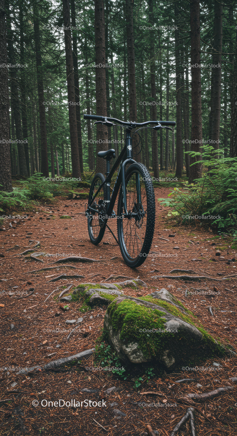 Mountain bike resting on forest trail with mossy rock