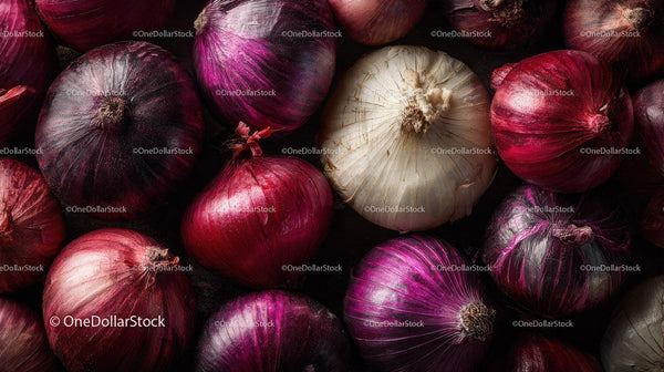 Close-up of Red and Purple Onions and Garlic Bulb on Dark Surface