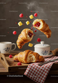 Fresh croissants with raspberry jam and butter cubes