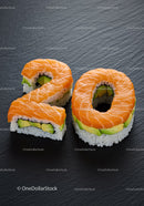 Sushi Rolls Shaped as Number Twenty with Salmon Topping